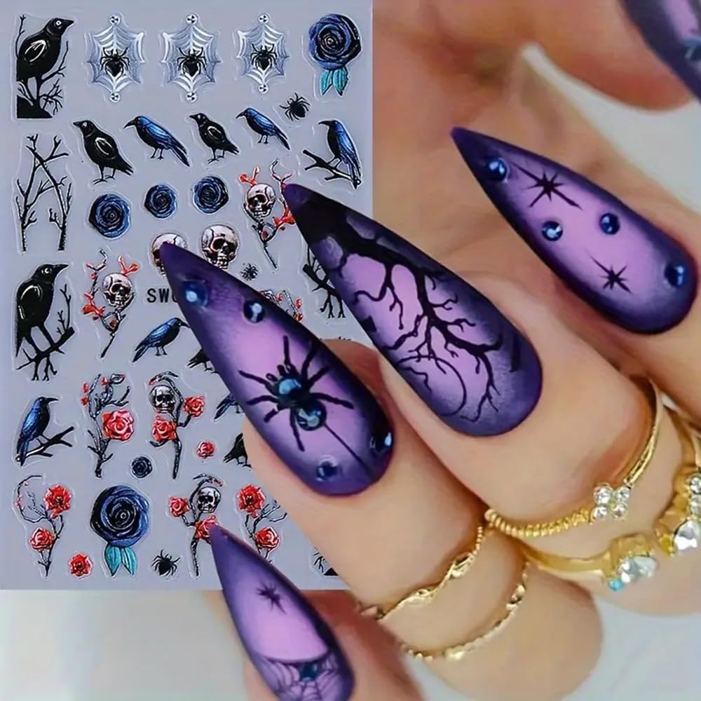 2Pcs Halloween 5D Nail Art Stickers - Black Red Roses Crow Skulls & Black Cats Nail Decals with Stars Design, Self-Adhesive Matte Finish for DIY Nail Decor, Punk Style Party Halloween Decorations