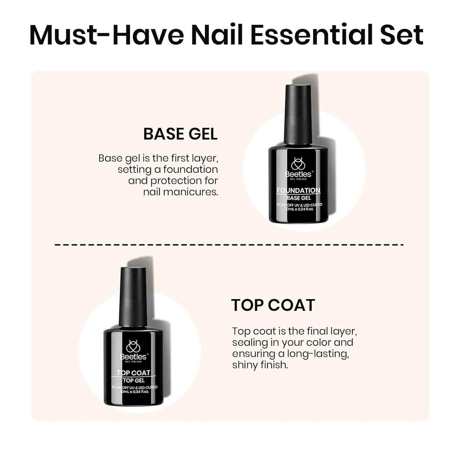 Beetles Gel Base and Top Coat Set, 2pcs 10ml Shine Finish and Long Lasting Top Coat Gel Nail Polish, Soak Off LED Nail Lamp Nail Polish Art Design Home DIY Manicure Gifts for Women