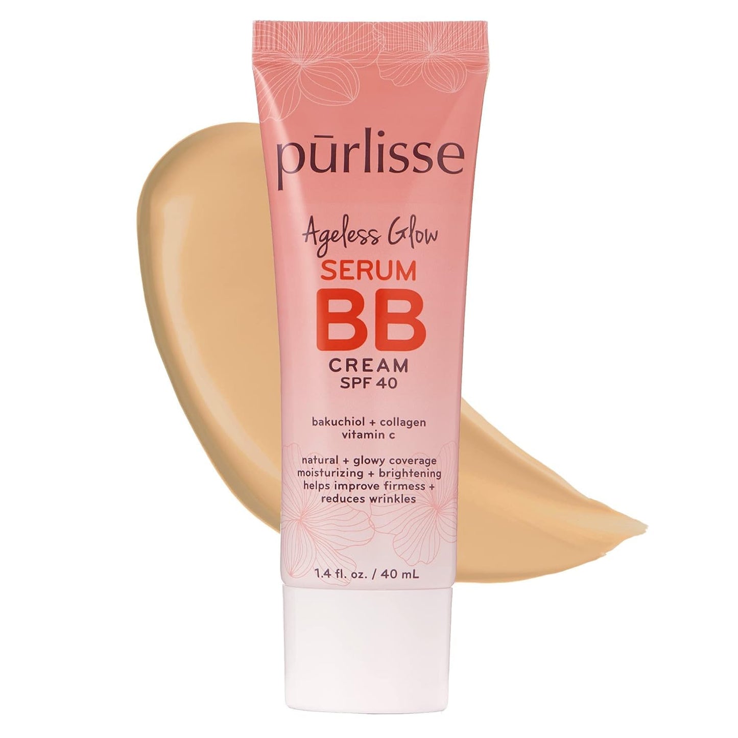 pūrlisse Ageless Glow Serum BB Cream SPF 40 - Glow BB Cream with SPF Enriched with Bakuchiol & Vitamin C to Help Improve Firmness & Reduce Wrinkles for Dewy Skin - Light Medium (1.4 oz)