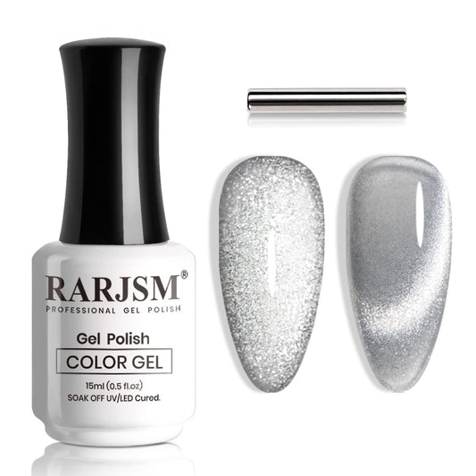 RARJSM Silver Cat Eye Gel Nail Polish 9D Cateye Galaxy Universal Glitter Shimmer Velvet Ice Gel Polish Single Bottle 15ml with Magnetic Stick UV LED Curing Requires Soak Off Home Salon DIY Manicure | alldaygood beauty