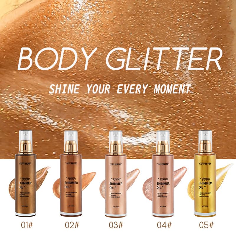 Shimmer Body Oil, Long Lasting Moisturizing Body Glow Glitter for Women Face Luminizer Highlighter Makeup 100ml Shimmer Oil for Glowing Skin Lotion (Bronze Gold)