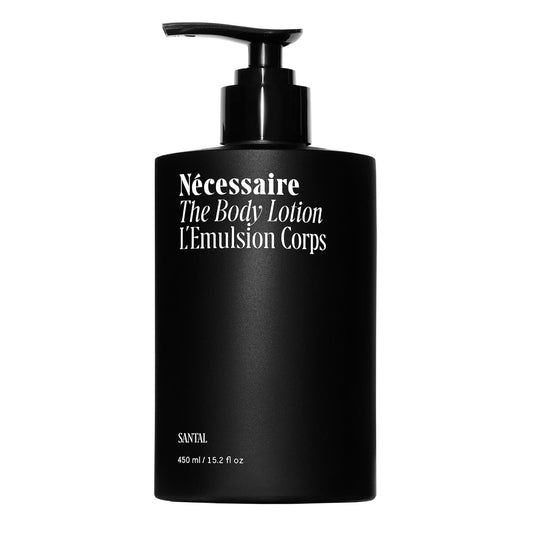 Nécessaire The Body Lotion with Pump. Santal. Multi-Peptide Firming Lotion to Moisturize, Firm, Strengthen. 2.5% Niacinamide, Vitamin C/E + Omega 6/9. 450ml / 15.2 fl oz | alldaygood beauty