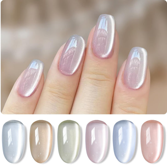 Double Rhythm 6 Colors Cat Eye Gel Polish Set Shimmer Glitter with Magnet Holographic Reflective Magnetic UV Nail Art Kit (Jelly Glass Silver Nude Pink-6-Kit 24) | alldaygood beauty