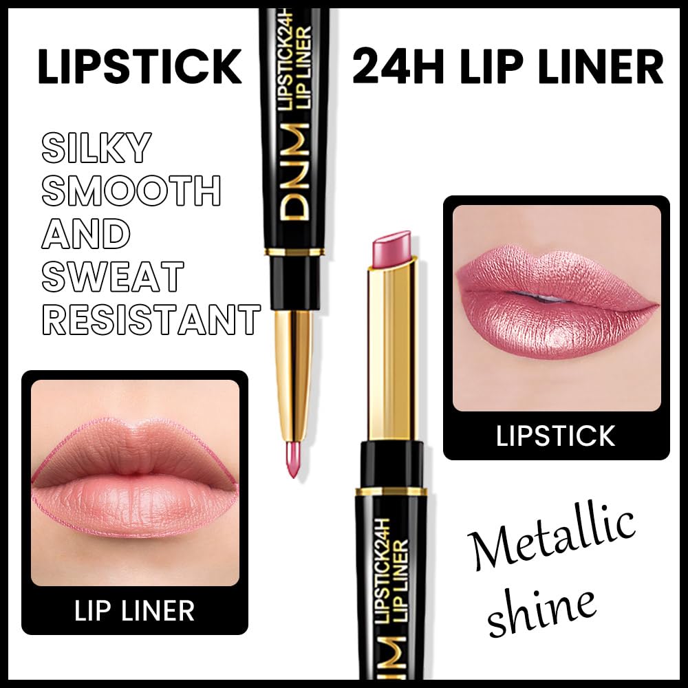 evpct 1Pcs Light Pink Pale-Pink Metallic Shine Shimmer Lip Liner and Lipstick Combo Set Kit for Women, Lightweight Hydrating Formula High Impact Full Coverage Lipstick and Lip Liner Makeup Gloss