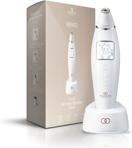 Reinvo Facial Microdermabrasion Wand by Project E Beauty | Gentle Exfoliation | Reduce Wrinkles & Fine Lines | Decrease Pores | Fresh & Radiant Skin | 4 Interchangeable Heads | Vacuum Suction Device