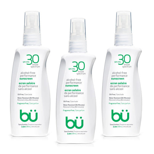 BU SPF 30 Sunscreen Spray for Face and Body, Fragrance Free, TSA Travel Size Sunscreen, Clear, Non Greasy, Water Resistant, for Sensitive Skin, 3.3 oz (3 Pack) | alldaygood beauty