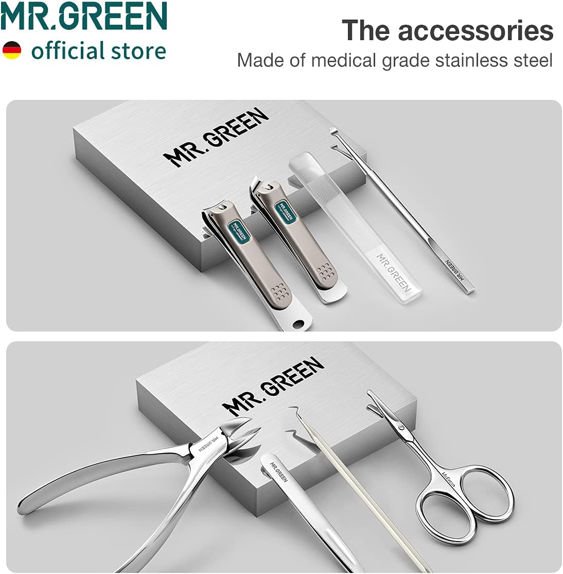 MR.GREEN Manicure Sets Pedicure Kits Stainless Steel Nail Clipper Personal Care Tools with PU Leather Case (Green)