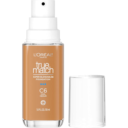 L'Oreal Paris True Match Super-Blendable Foundation, Medium Coverage Liquid Foundation Makeup, C6, Medium, 1 Fl Oz | alldaygood beauty
