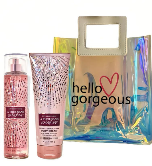 White Barn - Bath and Body Works - Gift Set 2 Piece Bundle - with Gift Bag HELLO GORGEOUS (A Thousand Wishes)
