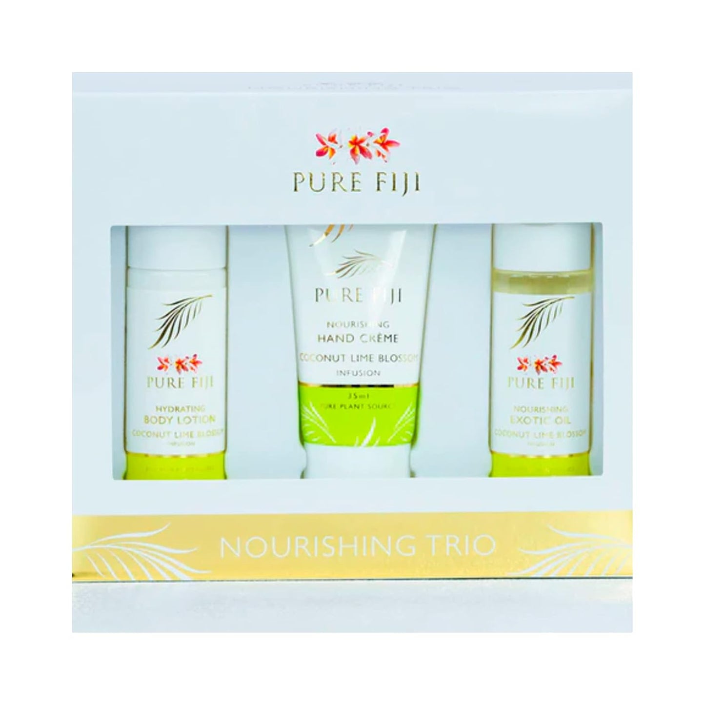 Pure Fiji Nourishing Trio, Ideal Spa Bath Gift Set for Women - Travel Kit - Includes Exotic Body Oil , Hydrating Body Lotion For Women and Nourishing Hand Cream, Coconut Lime Blossom Scent
