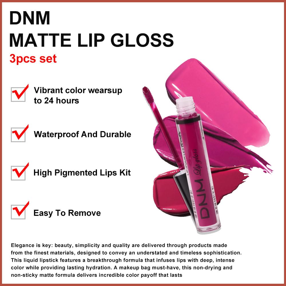 evpct 3Pcs Rose red plum Warm pink Deep cranberry Matte Liquid Lipstick Set for Women 24-hour Matte Lipstick Lip Stain Gloss Long Lasting 24 Smudge Waterproof labiales mate larga duracion 24