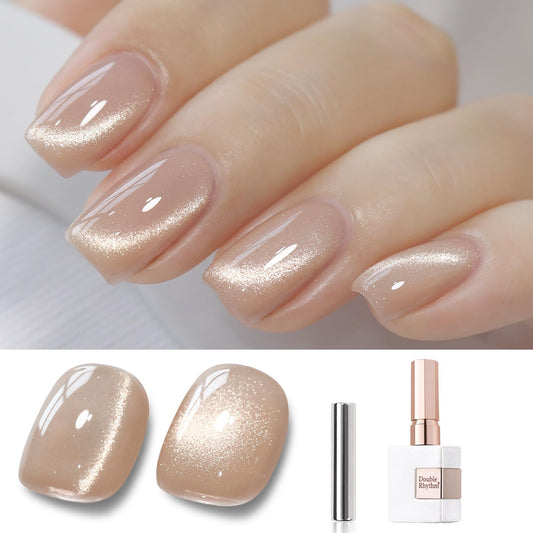 Double Rhythm Cat Eye Gel Polish with Magnet 15ML Ice Glass Holographic Glitter Shimmer Translucent Sheer Color Salon Soak Off Magnetic at Home (Milky Nude-MC1121) | alldaygood beauty