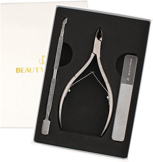 Cuticle Trimmer with Cuticle Pusher & Nano Nail File - Cuticle Nipper Cuticle Remover Nippers Professional Stainless Steel Clippers Pedicure Manicure Tools for Fingernails | alldaygood beauty