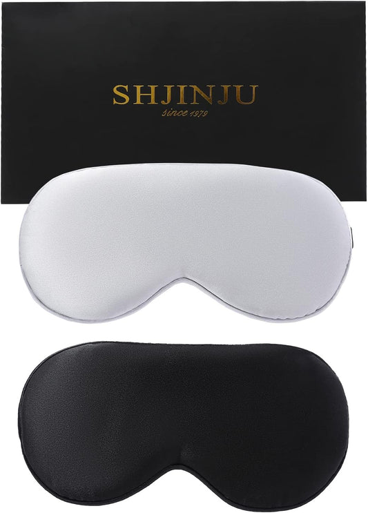 2-Pack 100% Real Natural Silk Eye Mask, Silk Sleeping Mask, Shade Puffy Eye Gift with Adjustable Straps, Sleep Eye Mask, SHJINJU Eye Mask Shade (Black and Light Grey)