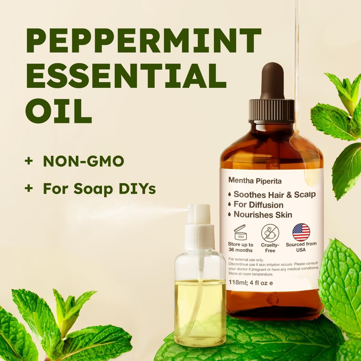 Kukka Essential Oils Peppermint Oil for Skin, Hair, Diffuser - 4 Fl Oz / 118 ml, DIY Soap Making Scents