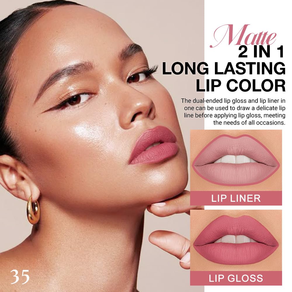 Kaely 2-in-1 Matte Lipstick and Lip Liner, Liquid Lip Stain Makeup for women Long Lasting Waterproof Smudge Proof, labiales matte mate larga duracion listip 24 hours originales, 35 Mauve Pink