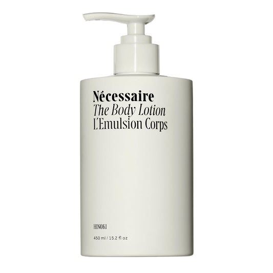 Nécessaire The Body Lotion with Pump. Hinoki. Multi-Peptide Firming Lotion to Moisturize, Firm, Strengthen. 2.5% Niacinamide, Vitamin C/E + Omega 6/9. 450ml / 15.2 fl oz | alldaygood beauty