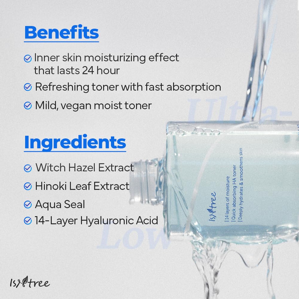 ISNTREE Ultra-Low Molecular Hyaluronic Acid Toner 300ml, 10.14 fl.oz | Korean Skincare | Quick Absorbing | Deep Hydration & Skin Smoothing | Vegan & Fragrance-Free
