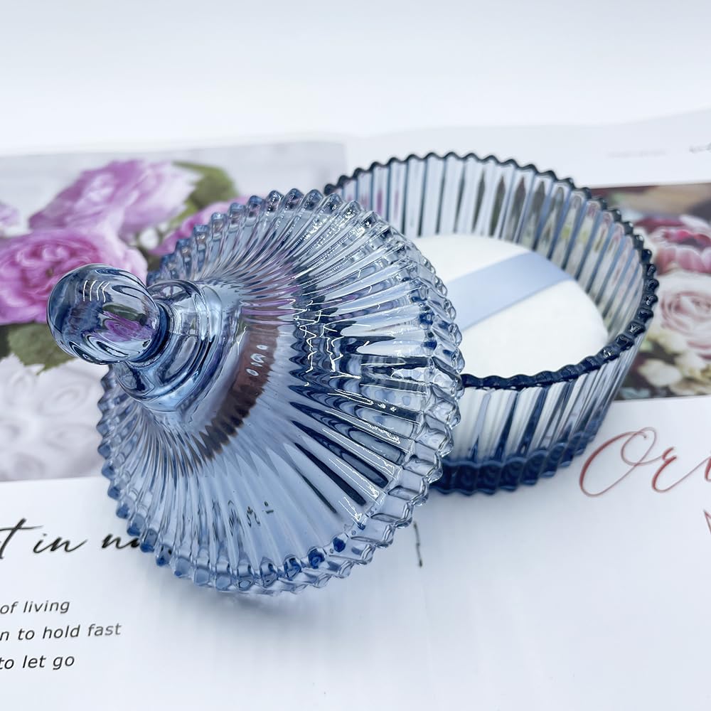 Ultra Soft Powder Puff and Container 3.3" High Density Velvet Dusting Washable Reusable Powder Puff,Body Powder Puff and Glass Jar Holder Loose Powder Box with Puff for Face Makeup(Grey-blue)