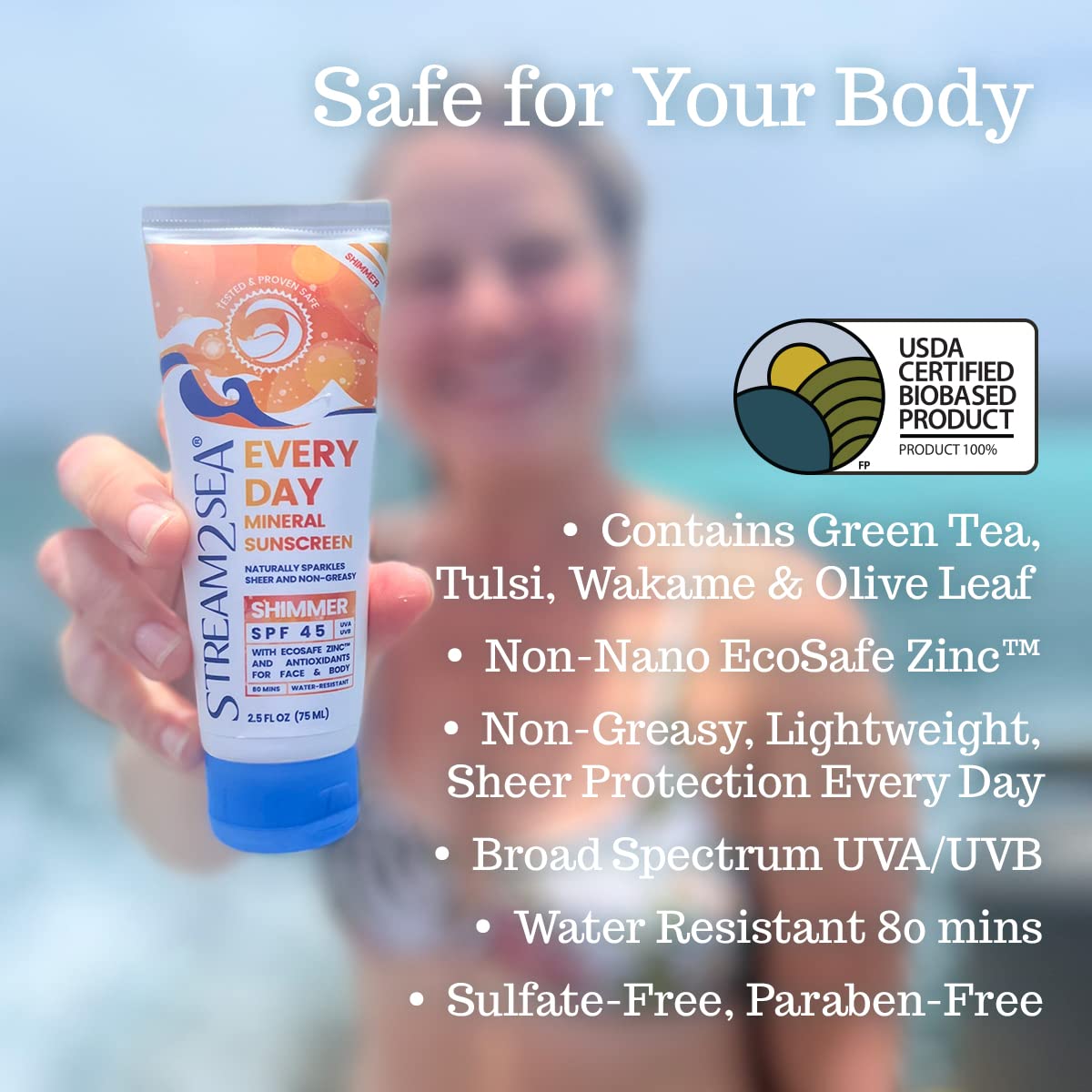 SPF 45 Every Day Shimmer Mineral Sunscreen | 2.5 Fl Oz Biodegradable, Paraben Free & Reef Safe Sunscreen | Non-Greasy, Lightweight & Shimmer Mineral Protection Against UVA & UVB for Face & Body