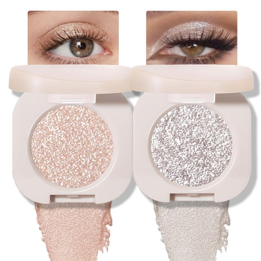 2Pcs Glitter Shimmer Sparkle Eyeshadow Palette Makeup for Green Blue Eyes, Light Brown&Sliver Glitter Shimmer eyeshadow Palette, Cream Iridescent Single Monochrome Eye Shadow Makeup | alldaygood beauty