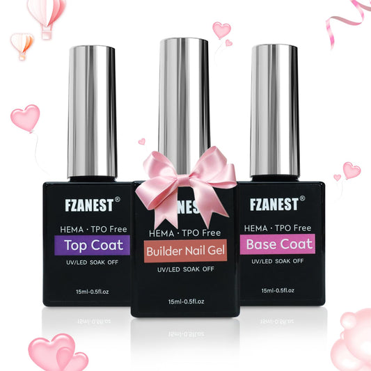 FZANEST Builder Gel With Top and Base Coat HEMA TPO-Free, 15ml * 3pcs Clear Gel Nail Polish Kit for Nail Strengthening Building Apex Extension Soak Off No Wipe Top Coat Base Harden Nails | alldaygood beauty