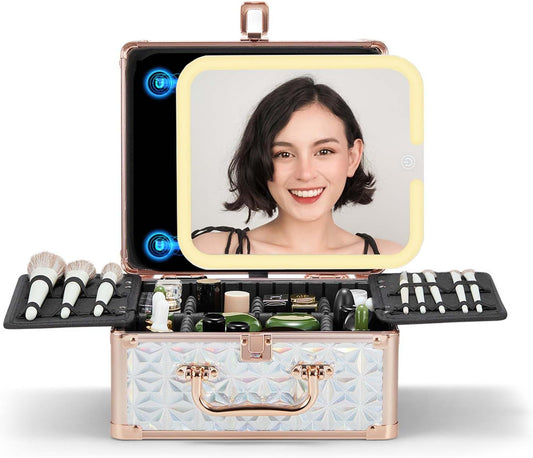 OMIRO Makeup Case, Makeup Bag with Light Up Mirror Set, Makeup Organizer Bag with Magnet Makeup Mirror for Women and Girls