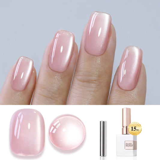 Double Rhythm Jelly Glass Cat Eye Gel Polish with Magnet 15ML Holographic Glitter Shimmer Translucent Sheer Color Magnetic Nail Polish Salon DIY at Home (Jelly Pink Nude-MC1104) | alldaygood beauty