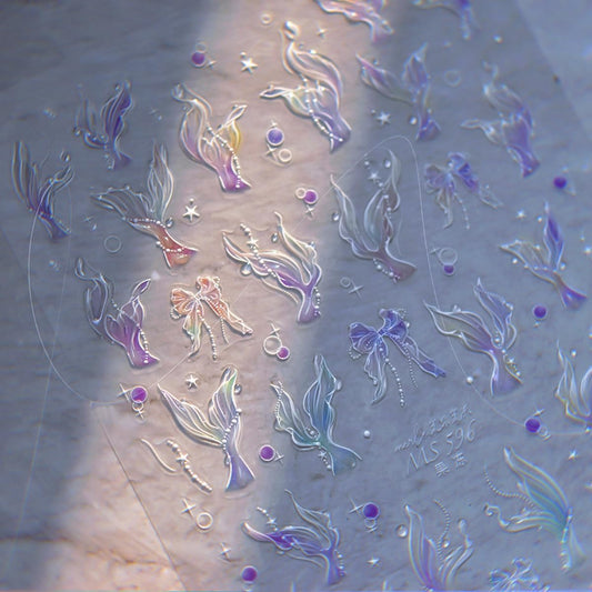 Mermaid Nail Art Stickers Sparkly Fishtail Nail Stickers 5D Embossed Shell Light Style Nail Decals Accessories Mermaid Adhesive Slider Manicure Supplies for Women DIY Decorations | alldaygood beauty