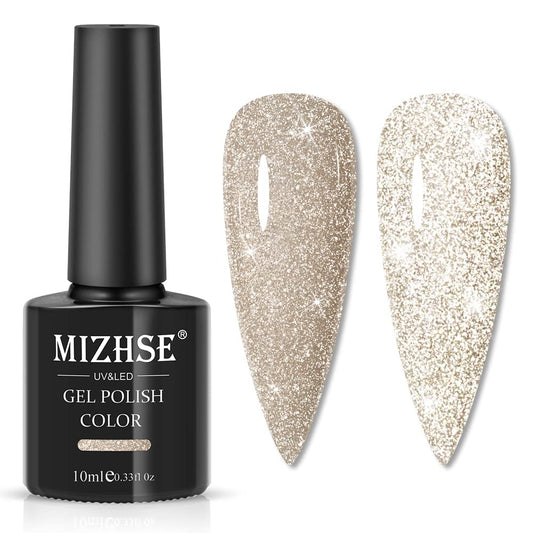 MIZHSE Reflective Glitter Gel Nail Polish, Light Gold Sparkly Shiny Gel Polish, Shimmer Nail Gel Soak Off Nail Art Manicure DIY at Home | alldaygood beauty