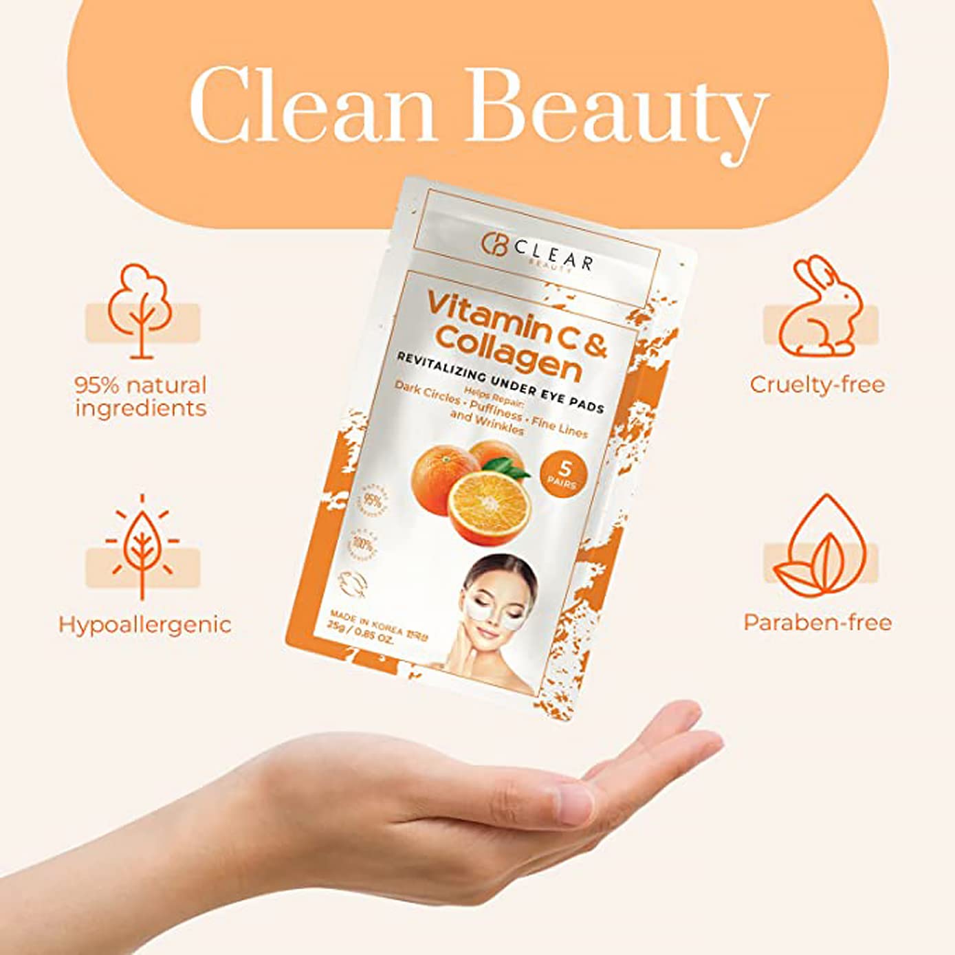 Vitamin C & Collagen Under Eye Patches 5 Pack - Diminishes Dark Circles & Puffiness, Anti-aging, Cooling & Soothing Eye Pads - Cruelty Free Korean Skincare
