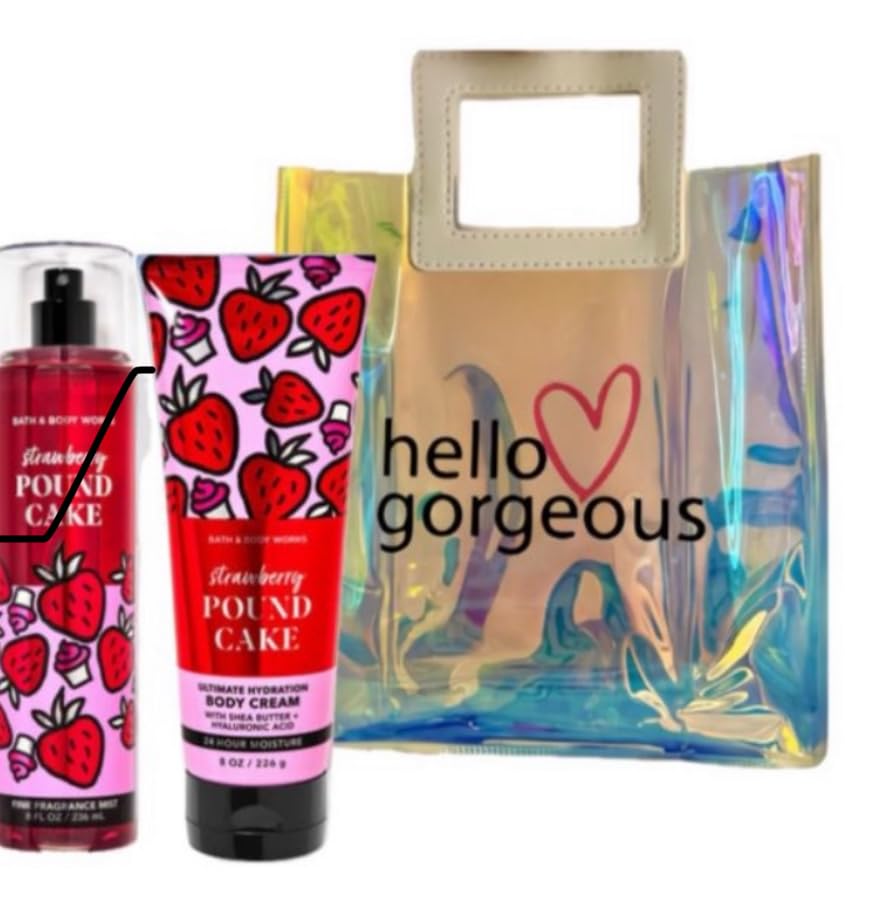 White Barn - Bath and Body Works - Gift Set 2 Piece Bundle - with Gift Bag HELLO GORGEOUS (Strawberry Pound Cake)
