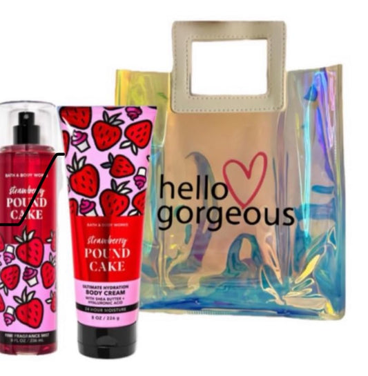 White Barn - Bath and Body Works - Gift Set 2 Piece Bundle - with Gift Bag HELLO GORGEOUS (Strawberry Pound Cake)