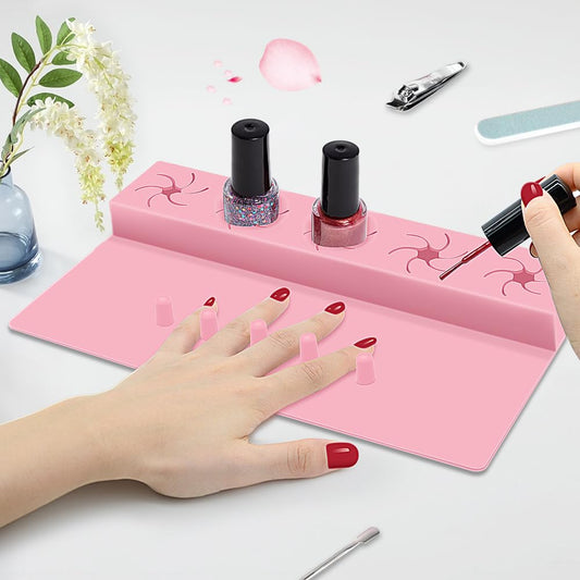 Nail Polish Holder, Silicone Hand Rest Mat Fingernail Painting Tools 2 in 1 Art Accessories Organizer Case Set with Anti-Spill Bottle Stand and Finger Separators for Pedicure Manicure-Pink