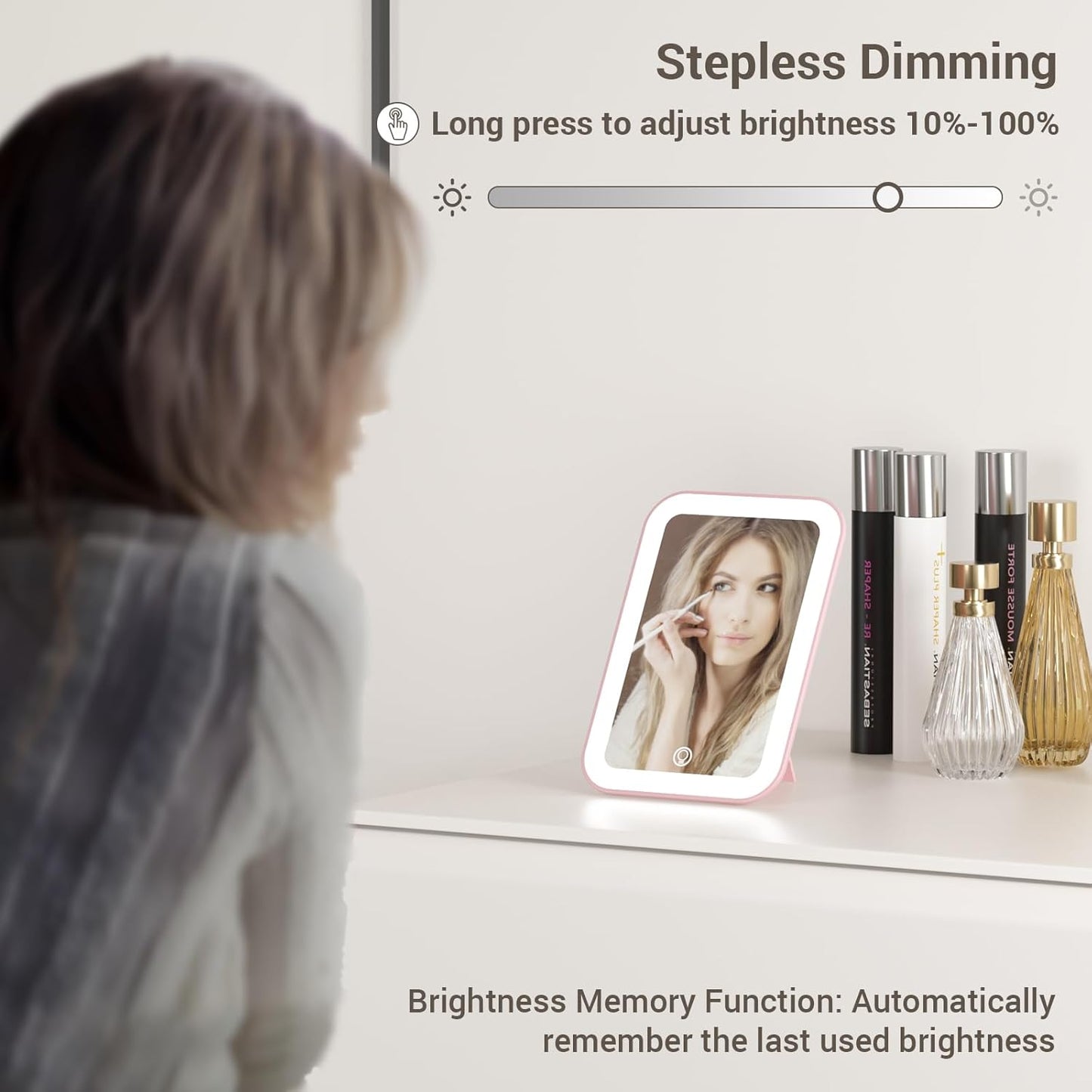 Kintion Travel Makeup Mirror, 6"*4.2" Rechargeable Portable LED Lighted Tabletop Vanity Mirror, 3 Colors Touch Dimmable Compact Mirror for Women Gift, Pink