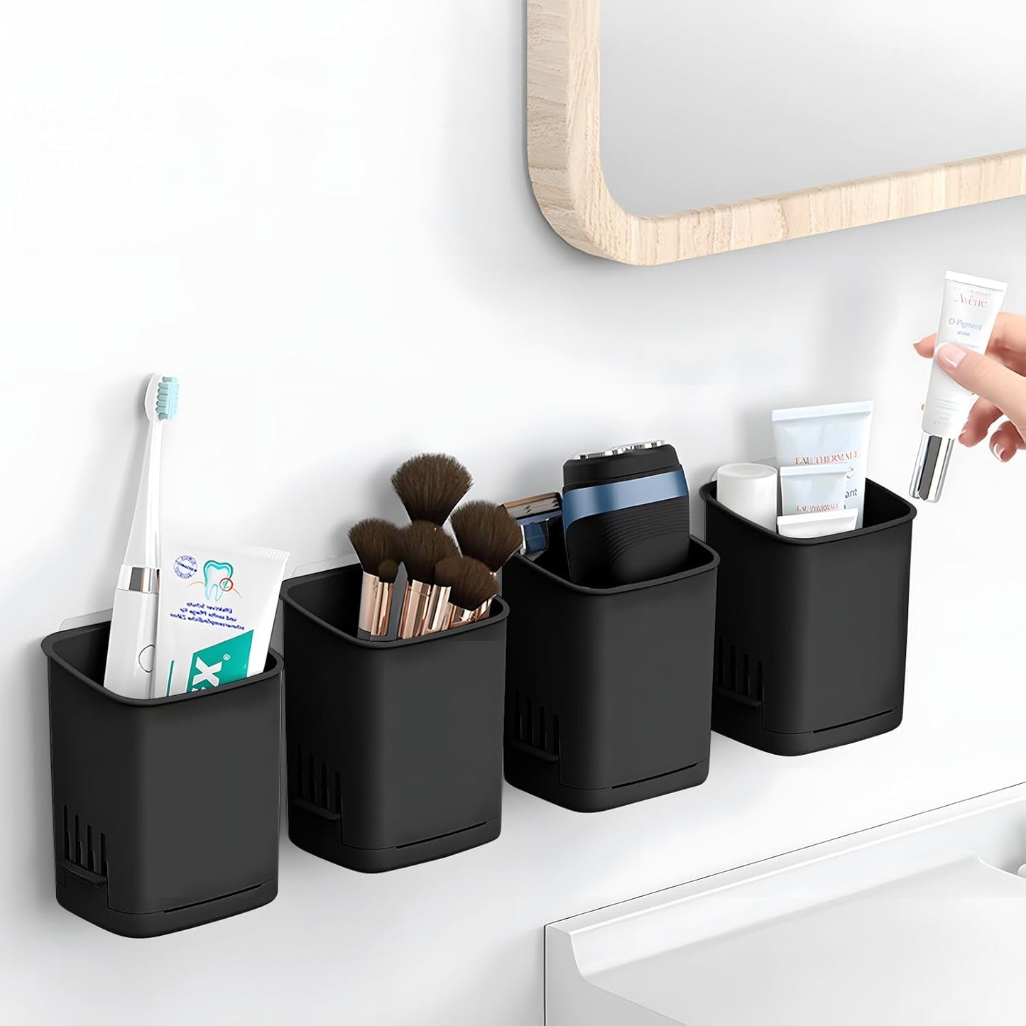 Toothbrush Holder Cup Wall Mounted Drill-Free for Bathroom Shower Electric Toothbrush Toothpaste Razor Holder Removable Waterproof Sturdy Self Draining, Tableware Holder for Kitchen(1pcs&Black)