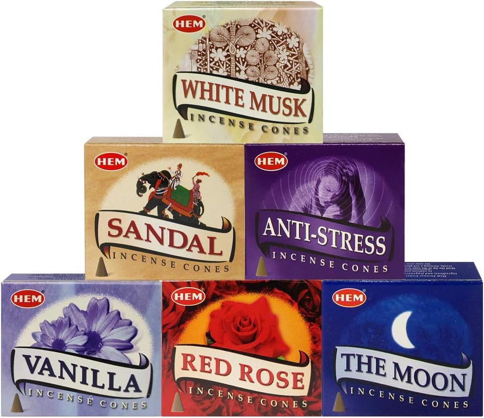 Hem Incense Cones Variety Pack #6 and Cone Incense Burner Bundle with 6 Most Admired Fragrances
