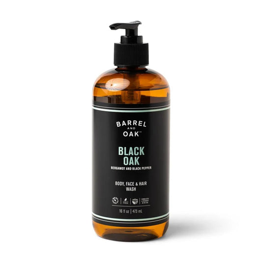 Barrel & Oak All-in-One Wash for Face, Hair, & Body, Vegan & Hydrating Face, Shampoo and Body Wash for Men, Grooming Kit Gifts for Men, Black Oak, 16 oz