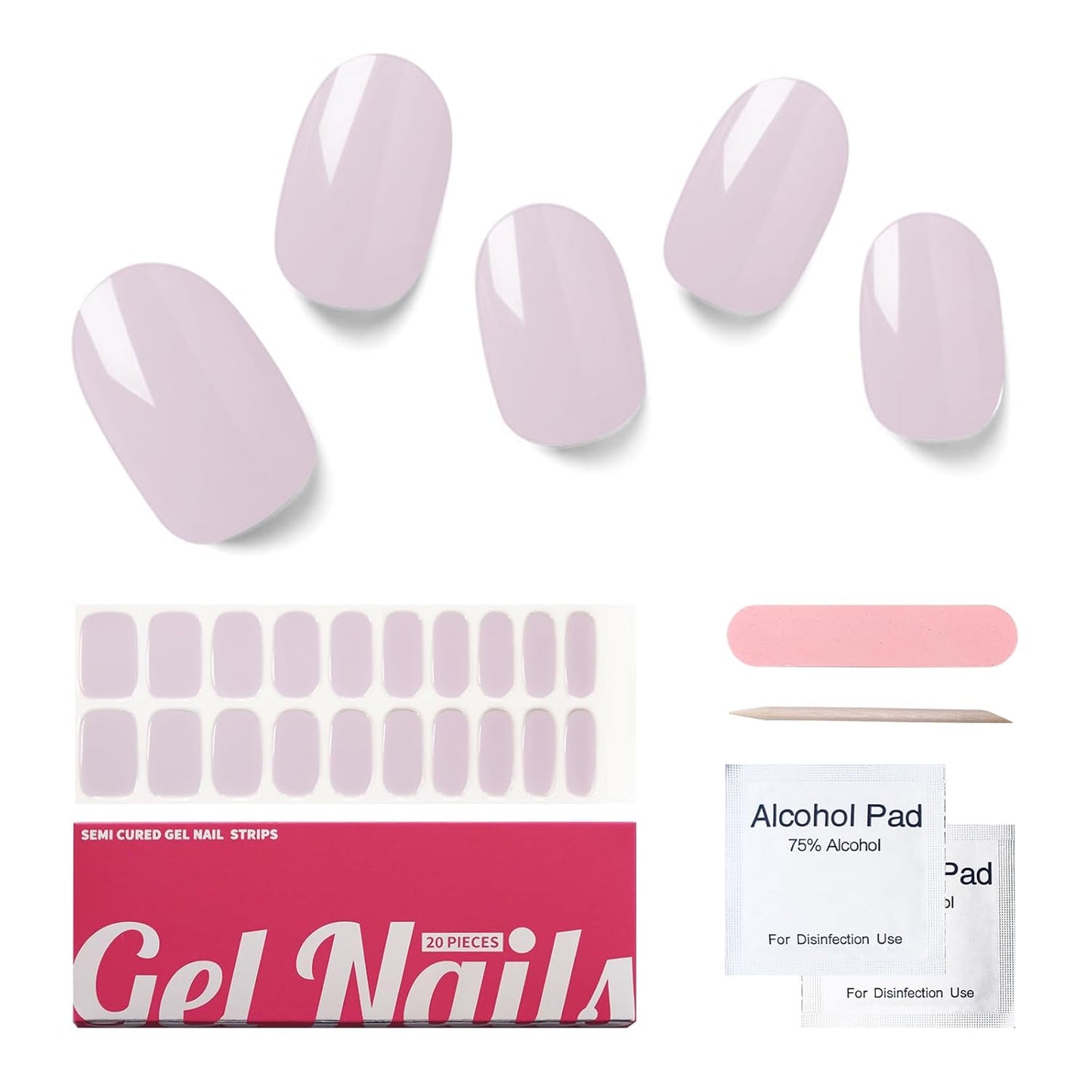 Semi Cured Gel Nail Strips, 20 PCS Gel Nail Stickers Work with UV Light, Salon Quality & Easy to Use - Morandi Purple