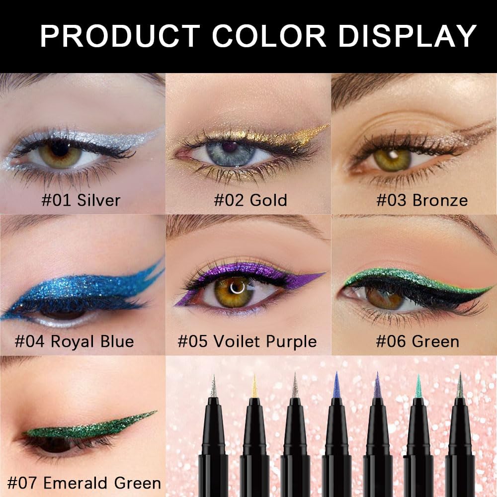 evpct 1Pcs Green Glitter Shimmer Liquid Eyeliner Eye Shadow Makeup Pencil Pen, Green Face Body Glitter False Eyelashes Lashes Freckles Accessories, Sparkle Metallic Colored Eyeliner Waterproof Smudge