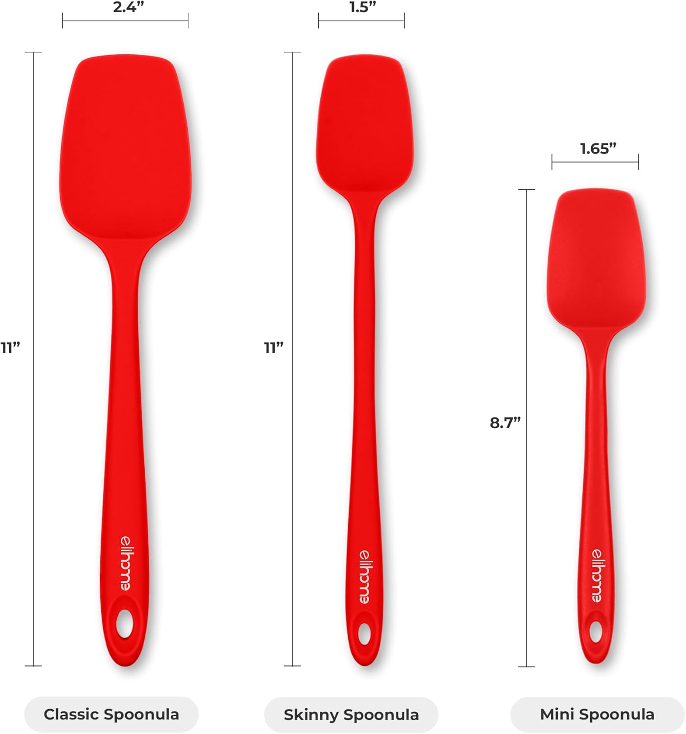 Elihome Skinny Silicone Spoonula - Non-Stick Heat Resistant Silicone Scraper Spatula for Mixing, Serving, Scraping, Stirring, and More - 11 Inch, Red