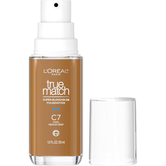 L'Oreal Paris True Match Super-Blendable Foundation, Medium Coverage Liquid Foundation Makeup, C7, Medium Deep, 1 Fl Oz | alldaygood beauty