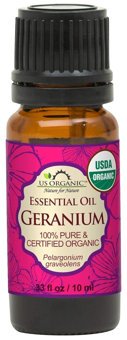 US Organic 100% Pure Geranium Essential Oil - USDA Certified Organic, Steam Distilled - W/Euro droppers (More Size Variations Available) (10 ml / .33 fl oz) | alldaygood beauty