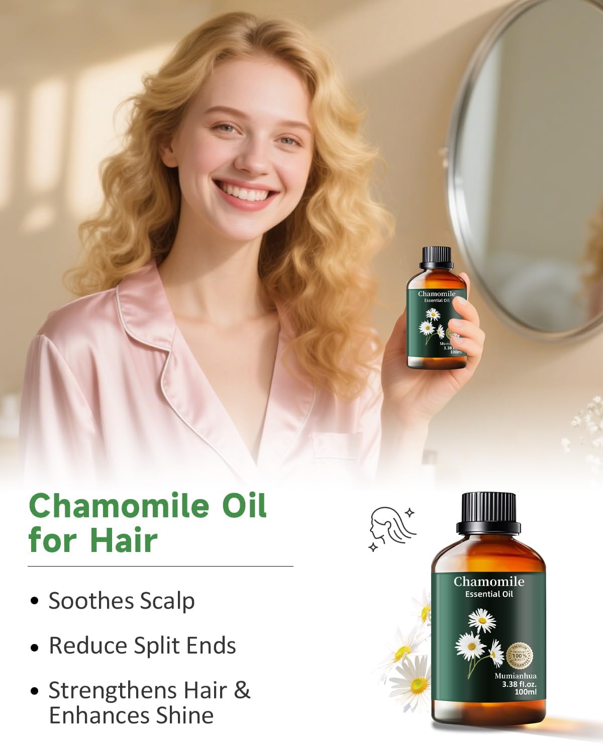 Chamomile Essential Oil Pure, Mumianhua Natural Chamomile Oil Therapeutic Grade Aromatherapy Oil for Skin, Diffuser, Aromatherapy, Candle Making, Soap Making, Hair 3.38 Fl Oz