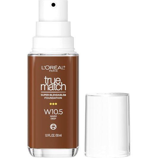 L'Oreal Paris True Match Super-Blendable Foundation, Medium Coverage Liquid Foundation Makeup, W10.5, Deep, 1 Fl Oz | alldaygood beauty