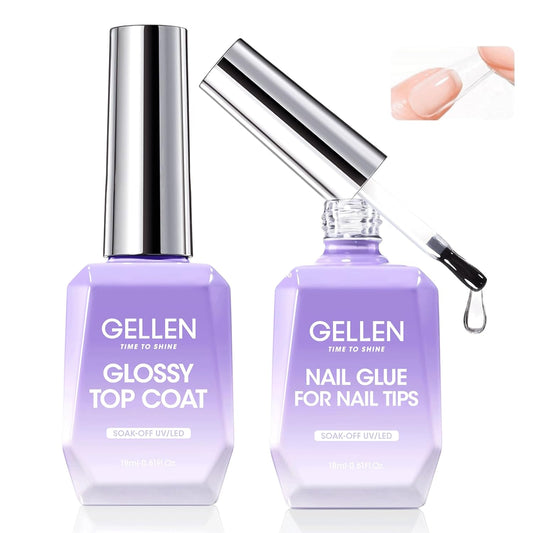 Gellen 4 in 1 Nail Glue Gel and No Wipe Gel Top Coat for False Nail Tips & Acrylic Nails & Clear Press on Nails, 18ML Long Lasting Nail Gel Kit, Home Salon Manicure Set | alldaygood beauty
