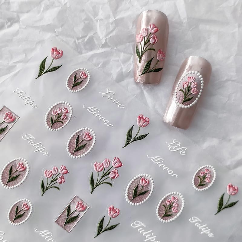 Flower Nail Stickers 5D Embossed Nail Art Stickers Decals Self-Adhesive Pink Tulips Floral Nail Supplies Spring Nail Art Design Decoration Accessories