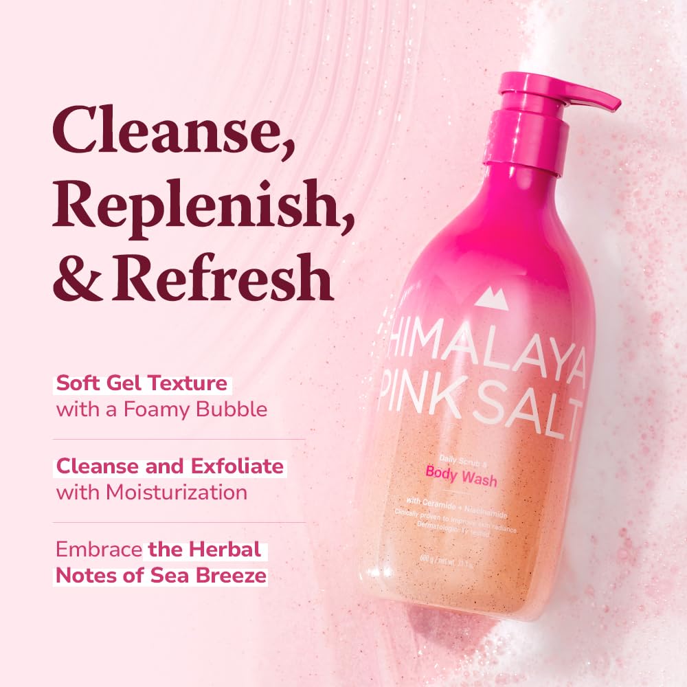 HIMALAYA PINKSALT Daily Scrub & Body Wash - Exfoliating Body Scrub, Dead Sea Salt & Himalayan Pink Salt, Natural Moisturizing Bodywash, Retinol & Hyaluronic Acid Shower Gel, Korean Skincare 21.1oz