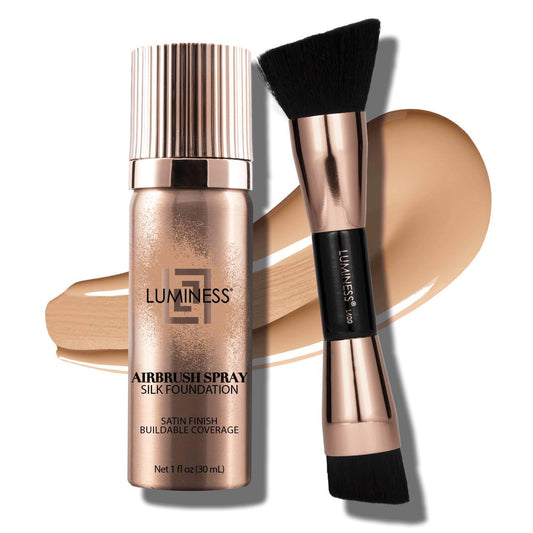 LUMINESS Silk Airbrush Spray Foundation 2-PC Kit - Foundation & Dual-Sided Angled Makeup Brush - Buildable Coverage, Anti-Aging Formula, Humidity Resistant, Hydrates & Moisturizes, Light Medium | alldaygood beauty