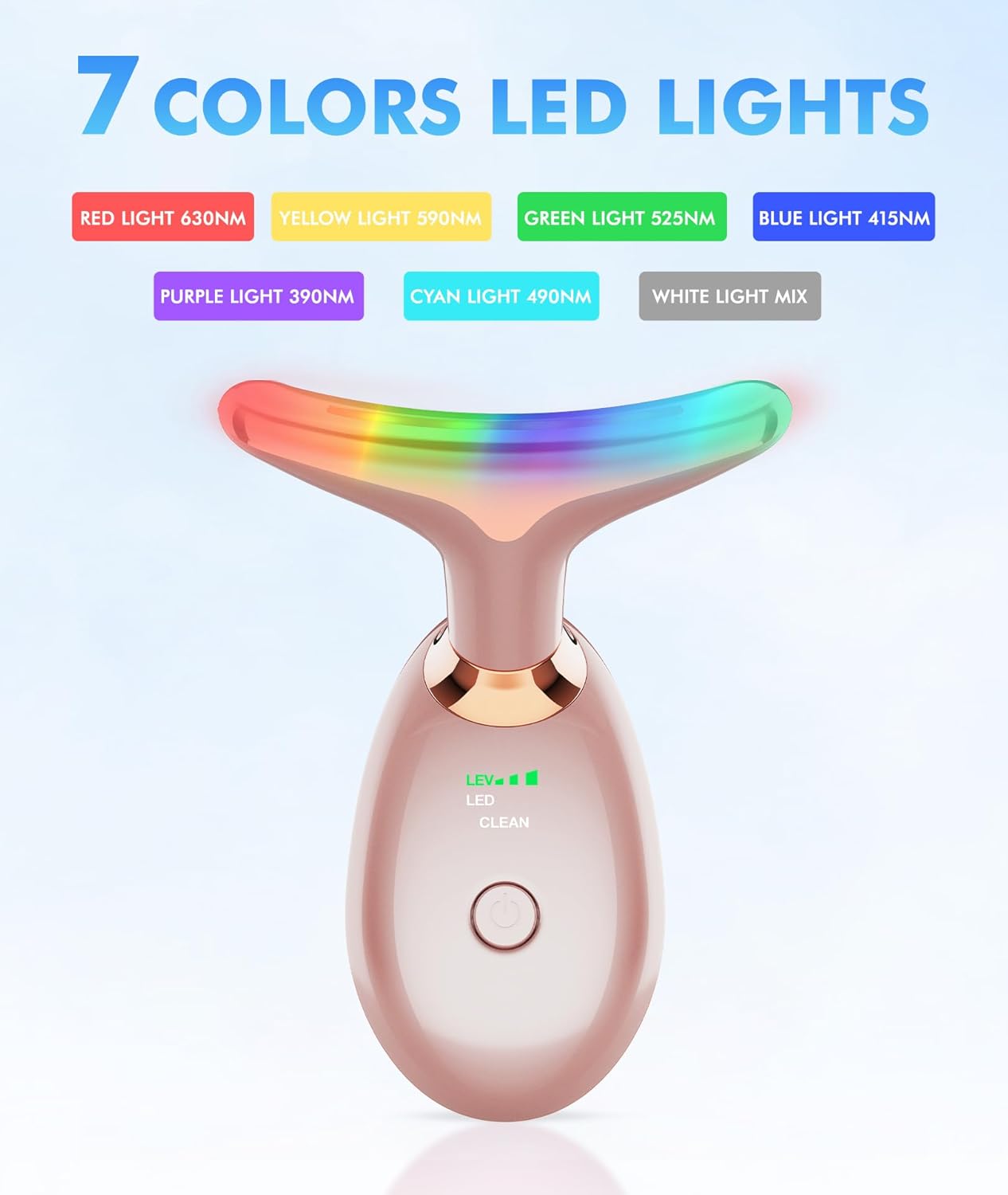 Red Light Therapy for Face and Neck, 7 Color Face Massager Tool for Wrinkles, Double Chin, Vibrating Facial Massager with Thermals for Skin Care, Rose Gold
